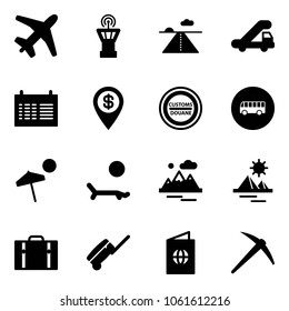 Solid vector icon set - plane vector, airport tower, runway, trap truck, schedule, dollar pin, customs road sign, bus, beach, lounger, mountains, pyramid, suitcase, passport, axe