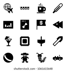 Solid vector icon set - plane globe vector, garland, tea, thermometer, statistics, x ray, dollar flag, fast backward, drink, cpu, crown drill, tile, ball, doll, toy caterpillar, car