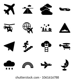 Solid vector icon set - plane vector, runway, clouds, small, helicopter, globe, christmas landscape, artificial unevenness road sign, paper fly, career, cloud ladder, rain, rainbow, moon lamp