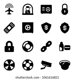 Solid vector icon set - plane radar vector, officer window, safe, lock, medical patch, locked, lifebuoy, link, uv cream, parasol, surveillance camera, protect glass