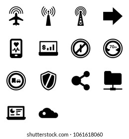 Solid vector icon set - plane radar vector, antenna, right arrow, mobile heart monitor, account statistics, no parkin odd, limited distance road sign, truck overtake, shield, share, network folder