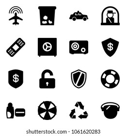 Solid vector icon set - plane radar vector, trash, safety car, officer window, medical patch, safe, unlocked, shield, lifebuoy, uv cream, parasol, recycling, protect glass