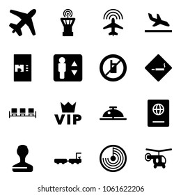 Solid vector icon set - plane vector, airport tower, radar, arrival, coffee machine, elevator, no mobile sign, smoking area, waiting, vip, client bell, passport, stamp, baggage truck, helicopter