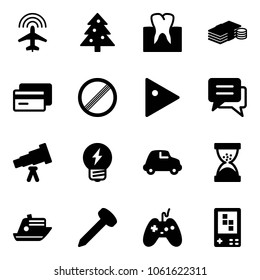 Solid vector icon set - plane radar vector, christmas tree, tooth, cash, credit card, no limit road sign, play, chat, telescope, idea, car, sand clock, cruiser, nail, joystick, game console