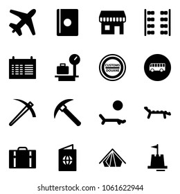 Solid vector icon set - plane vector, passport, duty free, seats, schedule, baggage scales, customs road sign, bus, job, rock axe, lounger, suitcase, tent, sand castle
