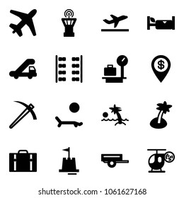 Solid vector icon set - plane vector, airport tower, departure, hotel, trap truck, seats, baggage scales, dollar pin, job, lounger, palm, suitcase, sand castle, trailer, helicopter toy