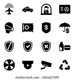 Solid vector icon set - plane radar vector, safety car, officer window, safe, medical mask, shield, check, cross, uv cream, parasol, surveillance camera, recycling