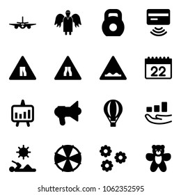 Solid Vector Icon Set - Plane Vector, Angel, Weight, Tap Pay, Road Narrows Sign, Rough, Calendar, Presentation Chart, Megaphone, Air Balloon, Growth, Reading, Parasol, Flower, Bear Toy