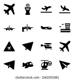 Solid vector icon set - plane vector, airport tower, departure, arrival, boarding passengers, small, building, road sign, paper fly, helicopter, toy
