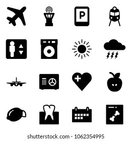 Solid vector icon set - plane vector, airport tower, parking sign, train, elevator, sun, storm, safe, heart, apple, lemon, tooth, schedule, x ray