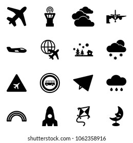 Solid vector icon set - plane vector, airport tower, clouds, boarding passengers, small, globe, christmas landscape, snowfall, road sign, no bus, paper fly, rain cloud, rainbow, rocket, kite