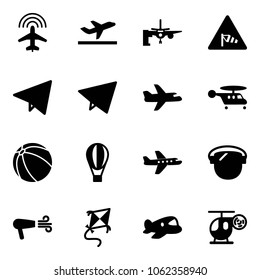 Solid vector icon set - plane radar vector, departure, boarding passengers, side wind road sign, paper fly, helicopter, ball, air balloon, protect glass, dryer, kite, toy