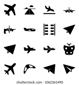 Solid vector icon set - plane vector, runway, arrival, boarding passengers, small, seats, paper, fly, butterfly, boomerang
