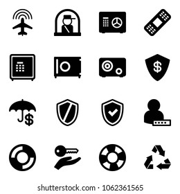 Solid vector icon set - plane radar vector, officer window, safe, medical patch, insurance, shield, check, user password, lifebuoy, key hand, recycling