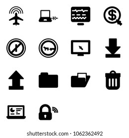 Solid vector icon set - plane radar vector, notebook connect, diagnostic monitor, money click, no parkin odd, cart horse road sign, cursor, download, uplooad, folder, trash bin, statistics