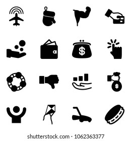 Solid vector icon set - plane radar vector, christmas glove, power hand, card pay, cash, wallet, purse, touch, friends, dislike, growth, rich, success, kite, lawn mower, tambourine