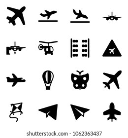 Solid vector icon set - plane vector, departure, arrival, boarding passengers, helicopter, seats, airport road sign, air balloon, butterfly, kite, paper, toy
