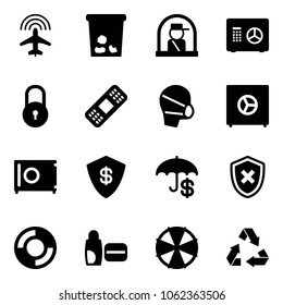 Solid vector icon set - plane radar vector, trash, officer window, safe, lock, medical patch, mask, insurance, shield cross, lifebuoy, uv cream, parasol, recycling
