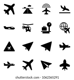 Solid vector icon set - plane vector, runway, radar, arrival, small, helicopter, baggage scales, globe, airport road sign, paper, fly, toy