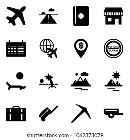 Solid vector icon set - plane vector, runway, passport, duty free, schedule, globe, dollar pin, customs road sign, lounger, palm, mountains, pyramid, suitcase, axe, trailer