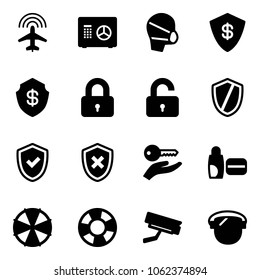 Solid vector icon set - plane radar vector, safe, medical mask, locked, unlocked, shield, check, cross, key hand, uv cream, parasol, lifebuoy, surveillance camera, protect glass