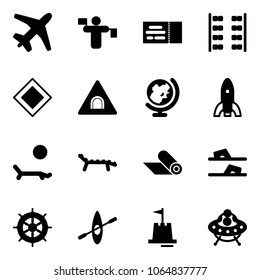 Solid vector icon set - plane vector, traffic controller, ticket, seats, main road sign, tunnel, globe, rocket, lounger, mat, flip flops, hand wheel, kayak, sand castle, ufo toy