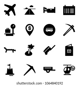 Solid vector icon set - plane vector, runway, hotel, schedule, baggage scales, dollar pin, bus road sign, job, lounger, palm, suitcase, passport, sand castle, axe, trailer, helicopter toy