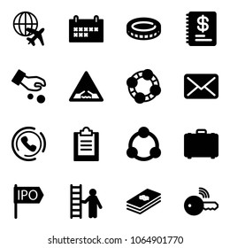 Solid vector icon set - plane globe vector, schedule, coin, annual report, investment, drawbridge road sign, friends, mail, phone horn, clipboard, community, case, ipo, opportunity, dollar