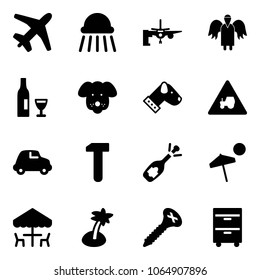 Solid vector icon set - plane vector, shower, boarding passengers, angel, wine, dog, tractor way road sign, car, work, fizz opening, beach, outdoor cafe, palm, screw, tool cabinet