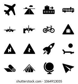 Solid vector icon set - plane vector, runway, baggage, airport bus, boarding passengers, bike, tunnel road sign, abrupt turn right, intersection, rocket, lounger, mat, tent, globe, paper