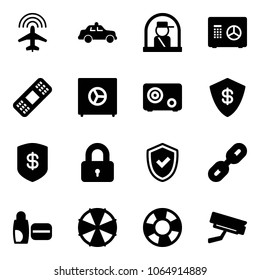 Solid vector icon set - plane radar vector, safety car, officer window, safe, medical patch, locked, shield check, link, uv cream, parasol, lifebuoy, surveillance camera