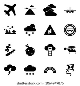 Solid vector icon set - plane vector, runway, clouds, christmas landscape, snowfall, abrupt turn right road sign, no bus, career, moon flag, cloud ladder, helicopter, storm, rain, rainbow, kite