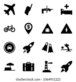 Solid vector icon set - plane vector, suitcase, boarding passengers, hospital bed, bike, dollar pin, tunnel road sign, intersection, no car, rocket, flippers, palm, inflatable pool, lighthouse