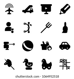 Solid vector icon set - plane radar vector, trap truck, presentation board, highlight marker, winner, bezier, farm fork, brush, laser lever, ball, shovel bucket, car, toy unicorn stick, duck