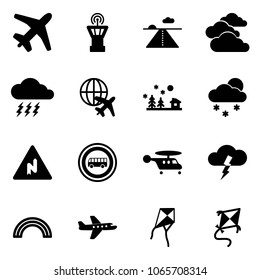 Solid vector icon set - plane vector, airport tower, runway, clouds, storm, globe, christmas landscape, snowfall, abrupt turn right road sign, no bus, helicopter, rainbow, kite