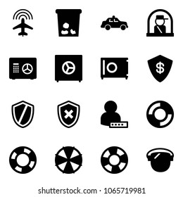 Solid vector icon set - plane radar vector, trash, safety car, officer window, safe, shield, cross, user password, lifebuoy, parasol, protect glass