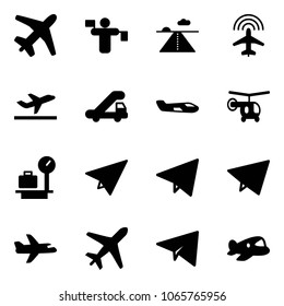 Solid vector icon set - plane vector, traffic controller, runway, radar, departure, trap truck, small, helicopter, baggage scales, paper, fly, toy