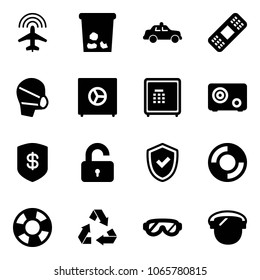 Solid vector icon set - plane radar vector, trash, safety car, medical patch, mask, safe, unlocked, shield check, lifebuoy, recycling, protective glasses, protect glass