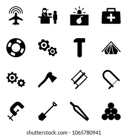 Solid vector icon set - plane radar vector, passport control, terrorism, doctor bag, lifebuoy, gears, work, tent, gear, axe, bucksaw, fretsaw, clamp, shovel, forceps, billiards balls