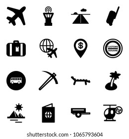 Solid vector icon set - plane vector, airport tower, runway, suitcase, globe, dollar pin, customs road sign, bus, job, lounger, palm, pyramid, passport, trailer, helicopter toy
