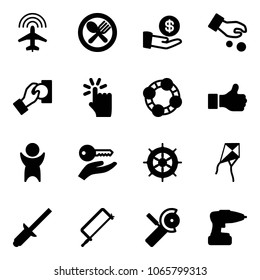 Solid vector icon set - plane radar vector, fork spoon plate, investment, cash pay, hand touch, friends, like, success, key, wheel, kite, clinch, metal hacksaw, Angular grinder, drill