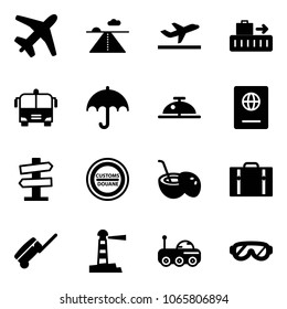 Solid vector icon set - plane vector, runway, departure, baggage, airport bus, insurance, client bell, passport, road signpost sign, customs, coconut cocktail, suitcase, lighthouse, moon rover