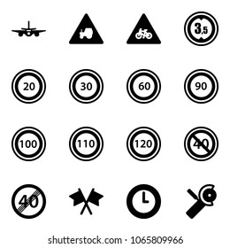 Solid vector icon set - plane vector, tractor way road sign, for moto, limited height, speed limit 20, 30, 60, 90, 100, 110, 120, end minimal, flags cross, clock, Angular grinder