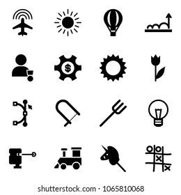 Solid vector icon set - plane radar vector, sun, air balloon, growth, winner, money managemet, tulip, bezier, fretsaw, farm fork, bulb, laser lever, toy train, unicorn stick, Tic tac toe