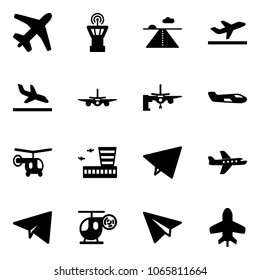 Solid vector icon set - plane vector, airport tower, runway, departure, arrival, boarding passengers, small, helicopter, building, paper fly, toy