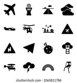 Solid vector icon set - plane vector, airport tower, runway, clouds, small, helicopter, christmas landscape, road sign, abrupt turn right, paper fly, moon flag, cloud ladder, storm, rainbow, kite