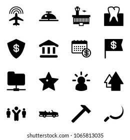 Solid vector icon set - plane radar vector, client bell, airport building, tooth, safe, bank, calendar, dollar flag, network folder, star, idea, arrow up, team leader, cabrio, hammer, sickle