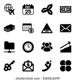 Solid vector icon set - plane globe vector, 25 dec calendar, three leafs, dollar, drawbridge road sign, mail, network folder, time, group, growth, key, flying man, atom core