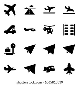 Solid vector icon set - plane vector, runway, departure, arrival, trap truck, small, helicopter, seats, baggage scales, paper, fly, toy