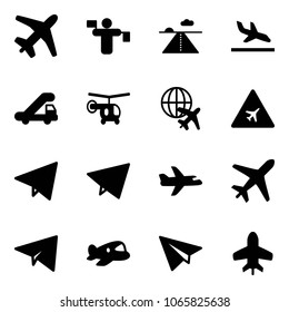 Solid vector icon set - plane vector, traffic controller, runway, arrival, trap truck, helicopter, globe, airport road sign, paper fly, toy